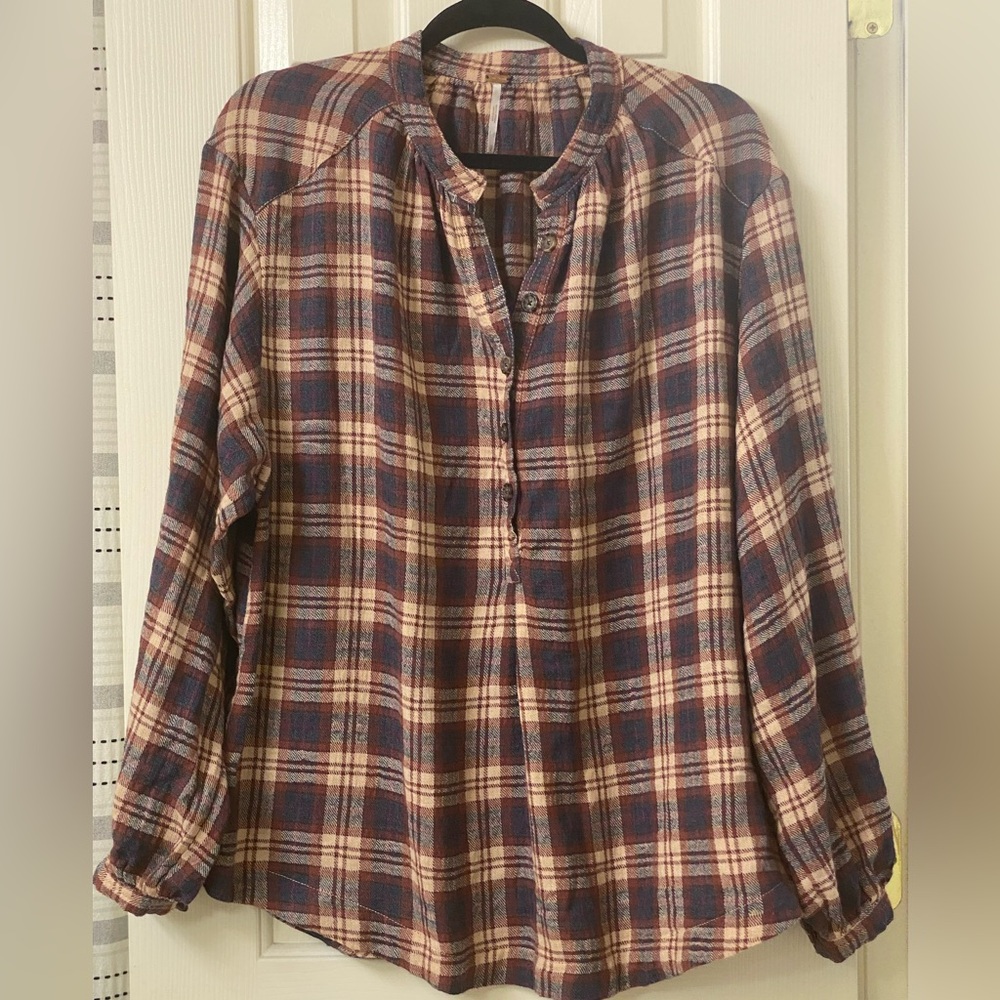 Free People Northern Bound Plaid Popover Flannel Oversized Shirt Size Small